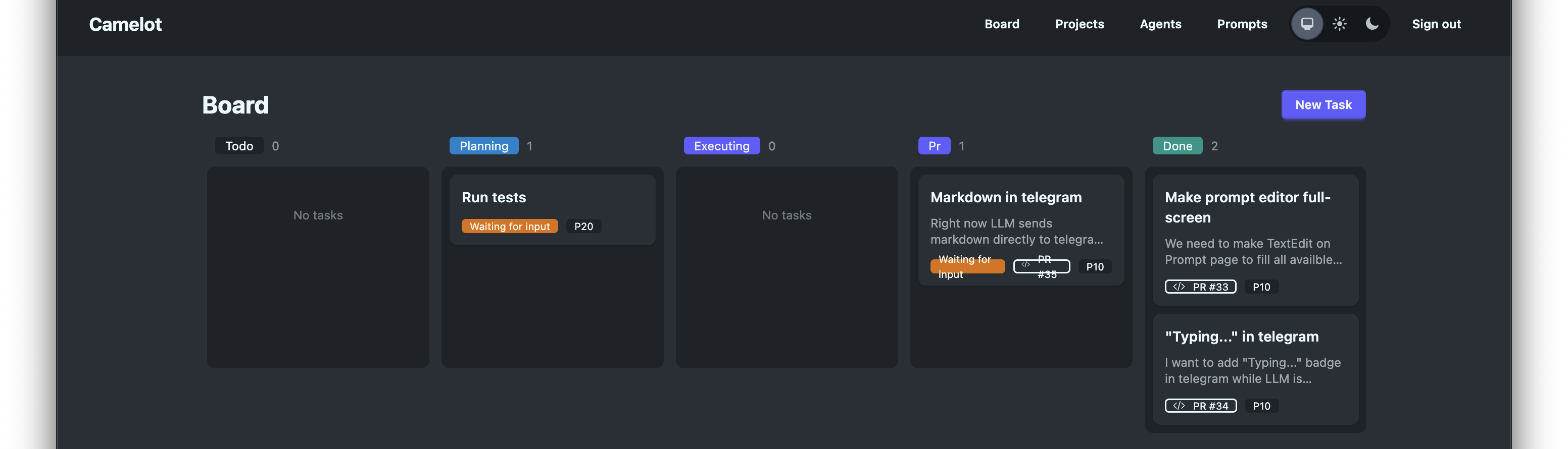 Camelot kanban board showing tasks in Todo, Planning, Executing, PR, and Done stages